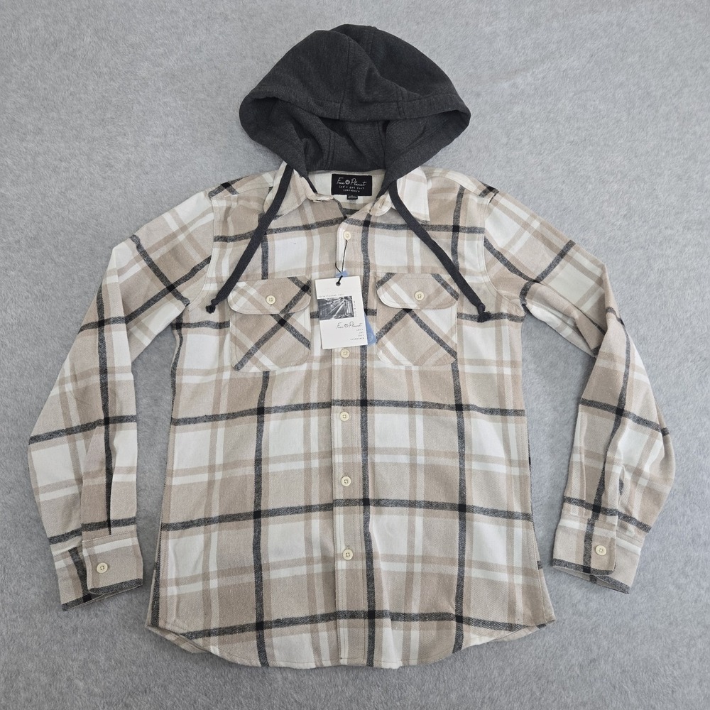 NEW Free Planet Mens Flannel Shirt Hoodie Sz Small Grey Sand Plaid Button Pocket